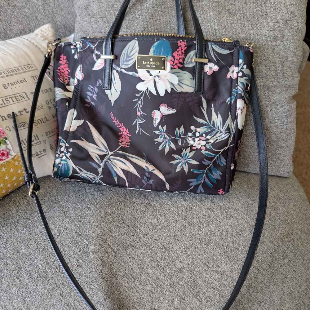 Kate Spade Black Floral Nylon Tote with Shoulder Strap